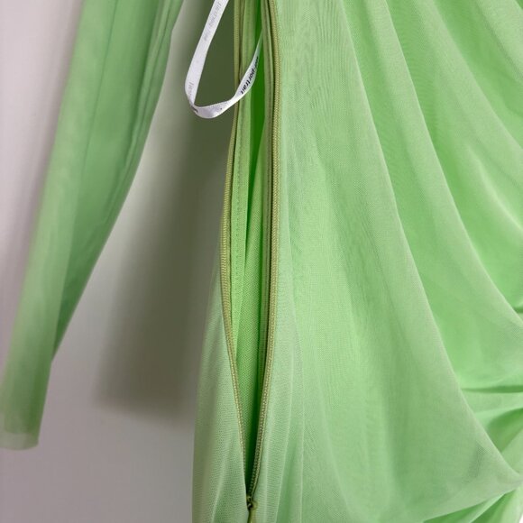 Self-Portrait Asymmetric Pencil Midi Dress Green Mesh Ruched Side Tie Mesh Long - Picture 6 of 11